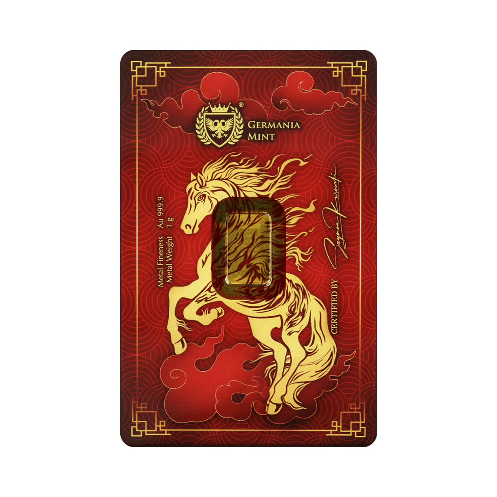 Lunar Horse 1g Gold Minted Germania Mint Bar
